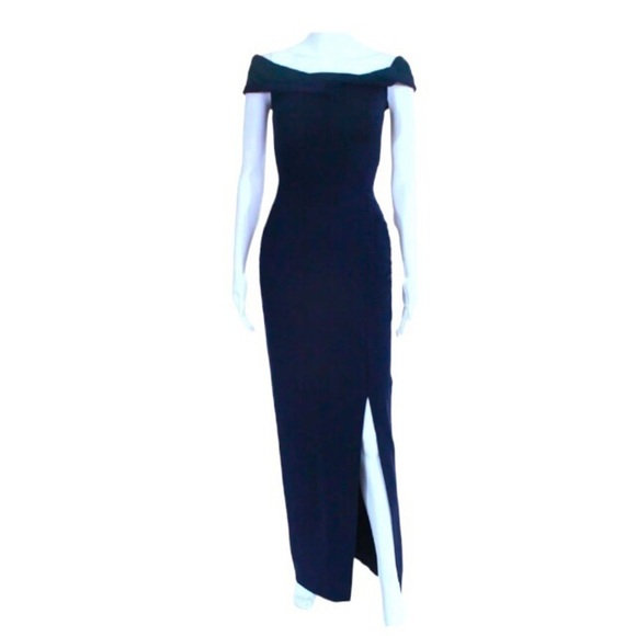 NICHOLAS Knot Twist Front Gown Size 0 Navy Blue Off Shoulder - Picture 1 of 13